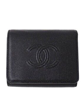Chanel Wallet Trifold Caviar Leather Black Silver CC Logo Mini Small